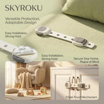 ZENTIVOR baby proofing strap lock mounted on a white refrigerator door illustrating the double button adult release mechanism.