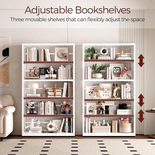 Five layer open shelf display unit decorated with plants and books in an apartment