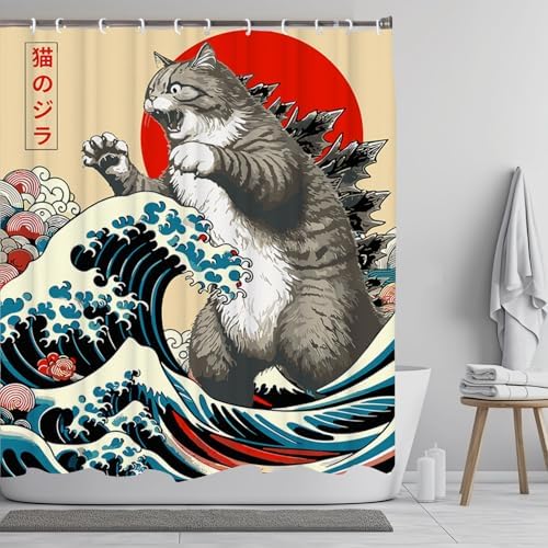 LKFBSC Catzilla shower curtain hanging in a modern bathroom setup with 12 hooks included.
