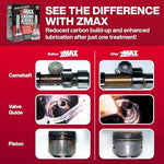 Back label of ZMAX automotive additive kit detailing carbon build up reduction features