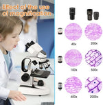 Side profile of Crspexil 40X-2000X microscope highlighting coaxial coarse and fine focus knobs