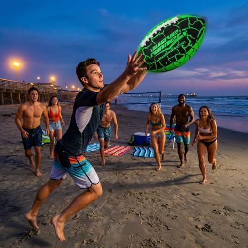 Wave Runner 9.25 inch junior water football floating on swimming pool water.