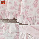 Side view of the soft cotton ruffled edge layers draping elegantly off the side of a mattress.