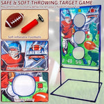 Close up of the four inflatable footballs and inflation pump included in the package