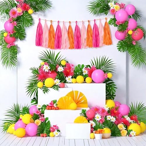 Aimto colorful tissue paper fringe garland hanging on a wall as birthday party decorations