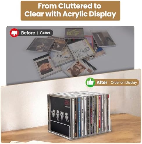 Two pack media display racks arranged on an office desk holding compact discs and video games.