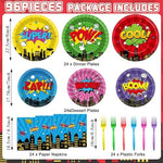 Comic book style hero party plates with cityscape graphics