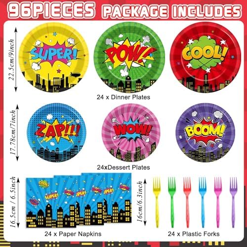 Comic book style hero party plates with cityscape graphics