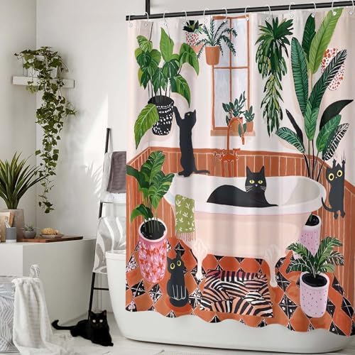 Fowocu bohemian black cats bathroom curtain draped elegantly over a standard size tub setup