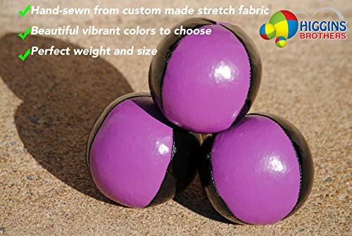 Three hand stitched Higgins Brothers juggling bean bags placed together on a clean surface