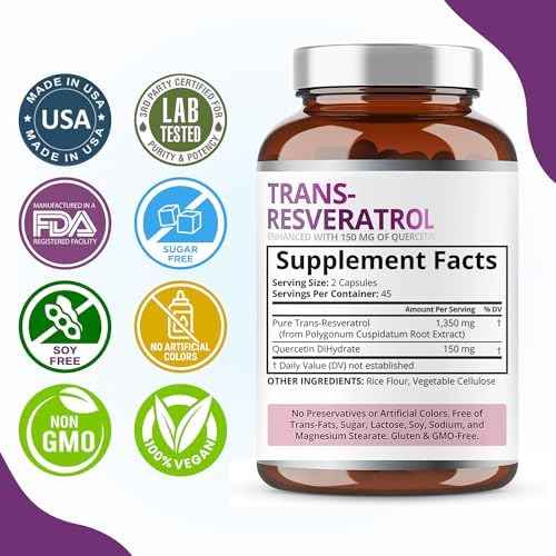 Purity Labs Trans Resveratrol and Quercetin health benefits label