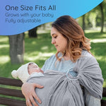Caregiver demonstrating the hands free usage of the Mebien grey ring sling baby wrap.