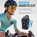 Noxgear ultra lightweight wearable wireless speaker clipped securely onto a runner jacket collar