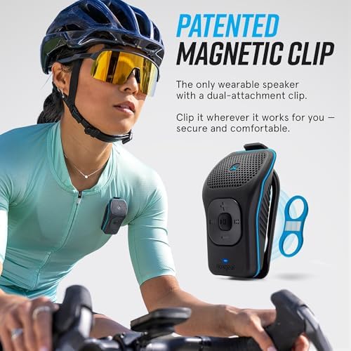 Noxgear ultra lightweight wearable wireless speaker clipped securely onto a runner jacket collar