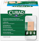 Transparent first aid bandages with highly absorbent tan pads.