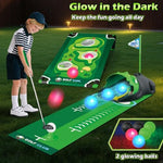 Toddler using adjustable golf club on the putting mat.
