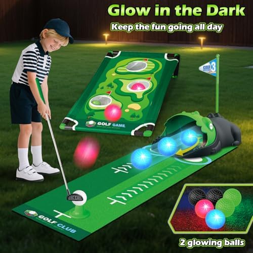 Toddler using adjustable golf club on the putting mat.