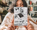 Dark romance themed Kindle case insert inside a clear e-reader cover