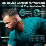 Close up of Golrex Bluetooth earbuds showing control buttons