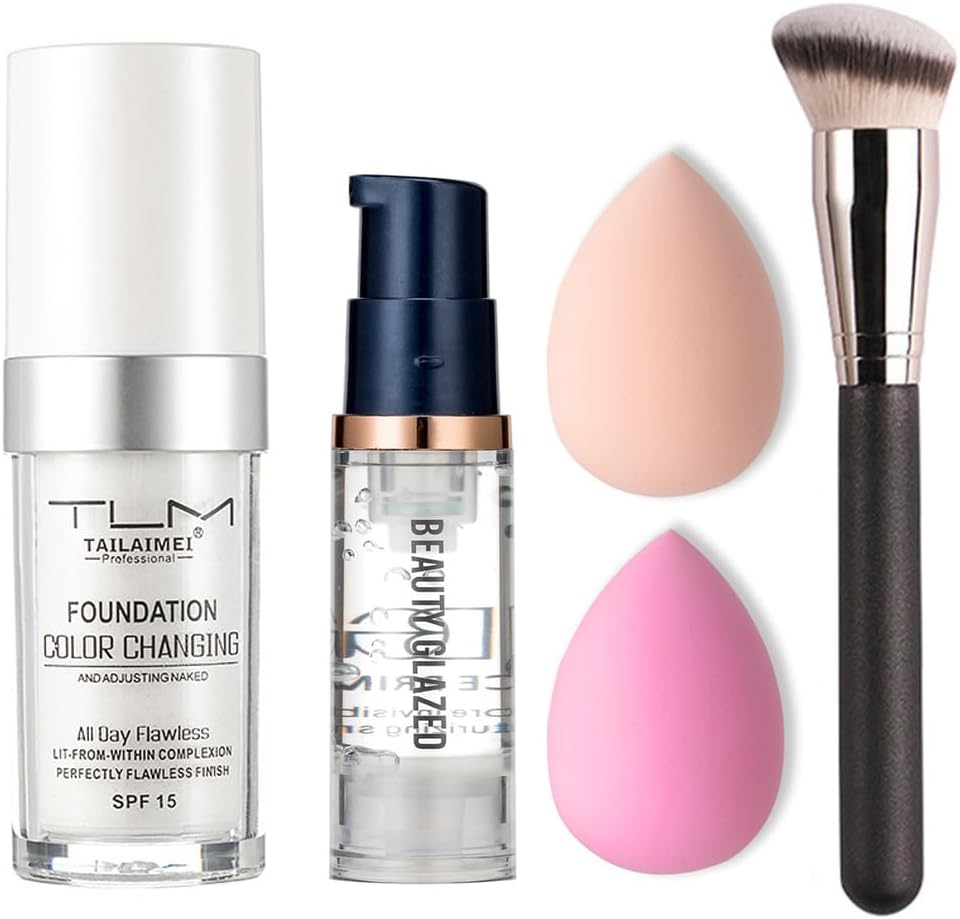 Ecomistiq TLM color changing foundation five piece makeup set front view showcasing the full coverage liquid bottles and blending tools.