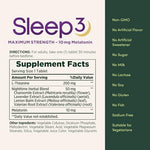 Nature's Bounty Sleep3 60 tablets bottle displayed upright next to its natural botanical ingredients like lavender and chamomile.