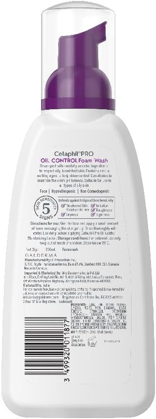 Cetaphil Pro Oil Control Foam Wash 236ml back label details