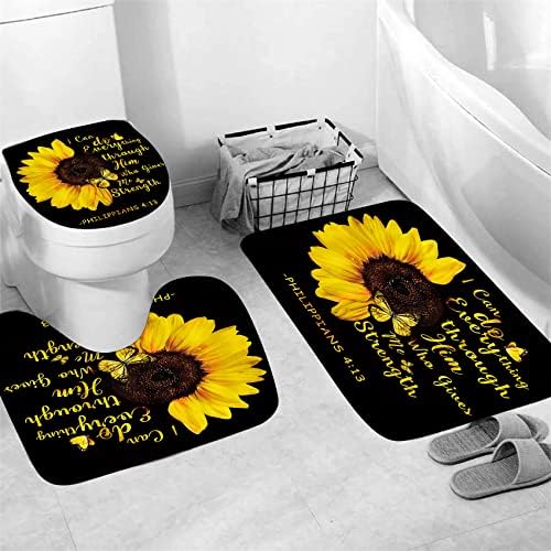AZHM yellow sunflower and butterfly pattern fabric shower curtain with inspirational quotes text details