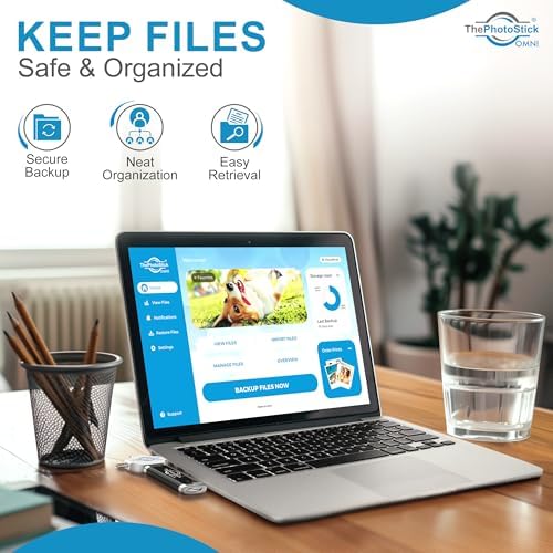 ThePhotoStick Omni storage drive connected to an iPhone device for automatic media backup