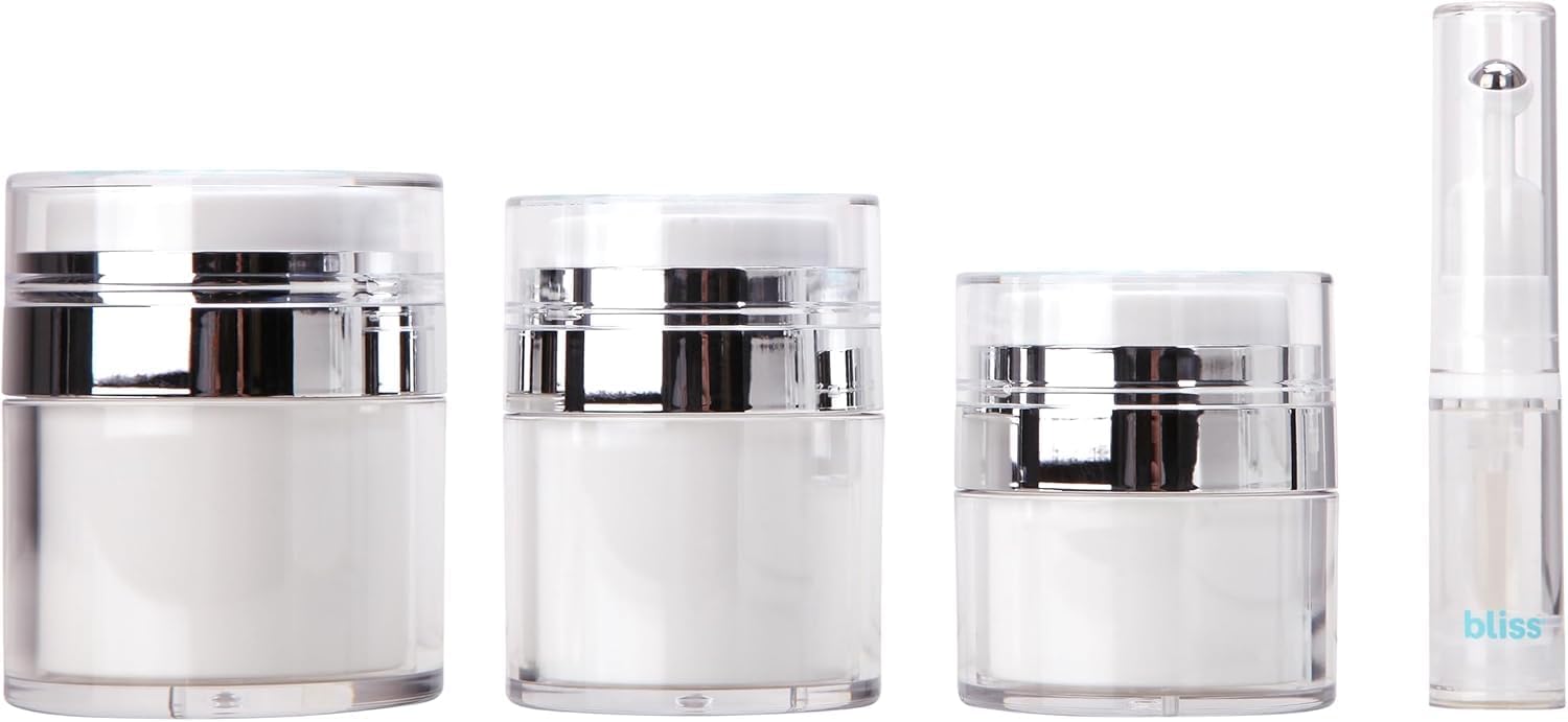 Bliss travel bottles set front view showing four white leakproof containers for skincare storage.