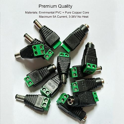 Ten pairs of male and female 12V DC power jack plug adapters arranged together