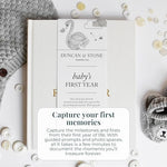Open pages of the Duncan And Stone keepsake journal displaying milestone prompts and photo spaces