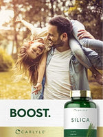 Carlyle Silica supplement bottle showing non-GMO and gluten-free certification