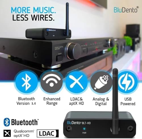 High-fidelity Bluetooth receiver showcasing attached long-range external antenna component.