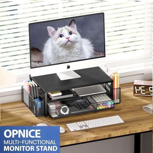 Modern minimalist black OPNICE monitor stand showing storage drawer layout and office desk organization