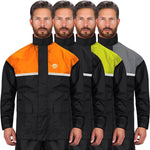 Nomad USA waterproof motorcycle rain suit front view showing reflective gear