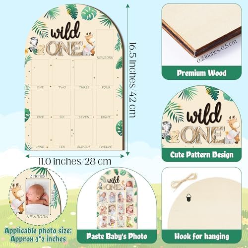 R HORSE Wild One jungle themed wooden baby milestone board for first birthday party decor