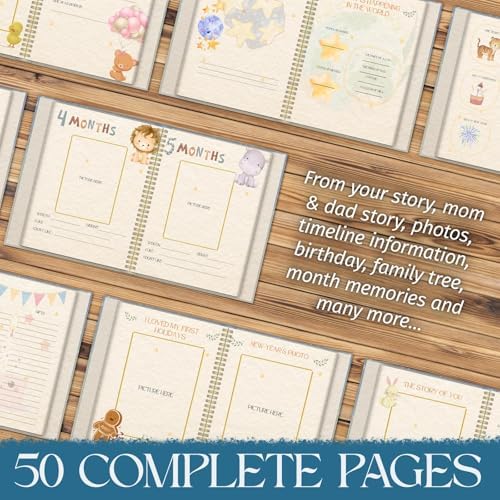 Full gift set layout of the USA imported baby milestone notebook showing all pages from birth to age five