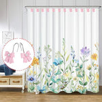 Twelve pack of rust resistant pink bow curtain rings arranged neatly on a flat surface.