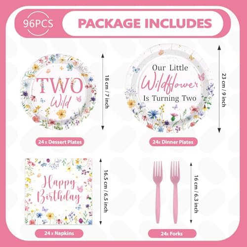 Our Little Wildflower Is Turning Two party plates set for 24 guests