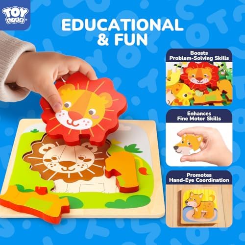 Montessori wooden animal puzzles showing thick pieces being held by small toddler hands.