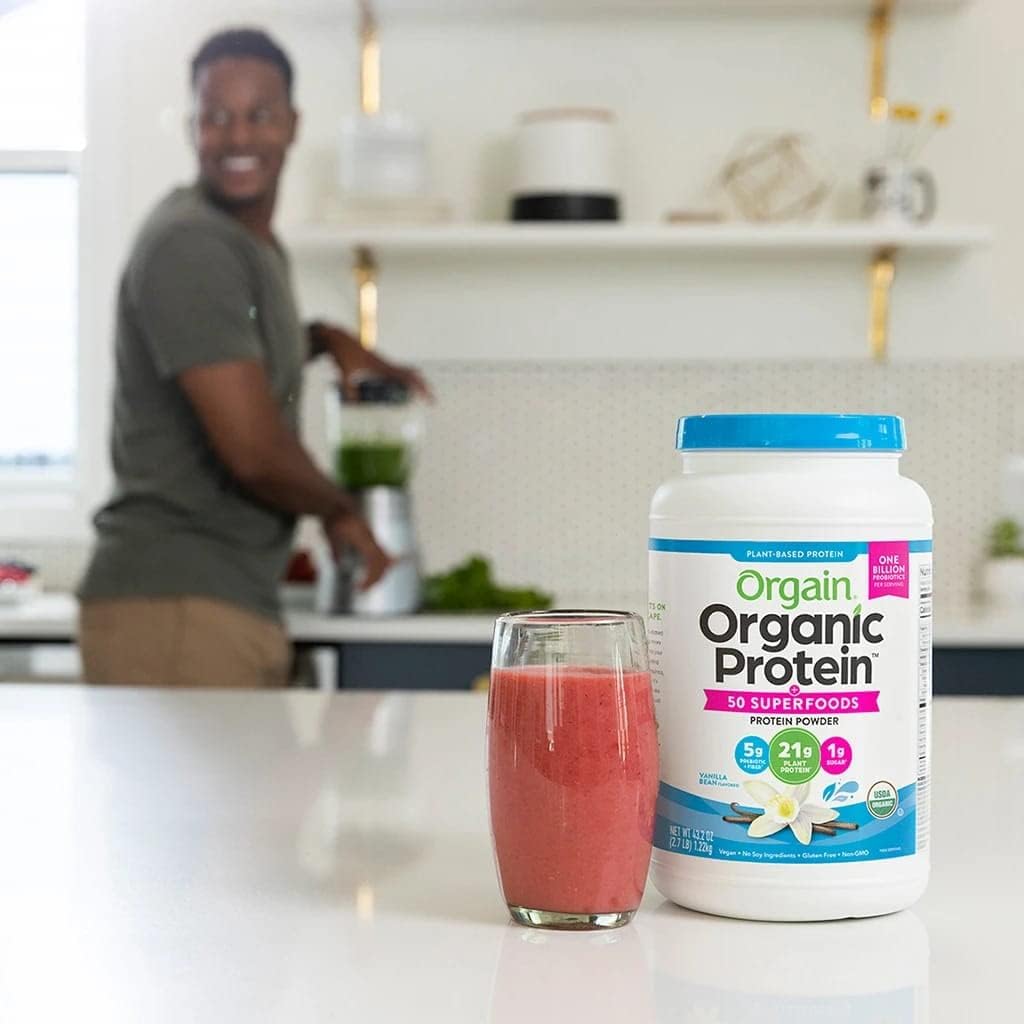 Orgain gluten free organic protein powder seal and dietary certifications view