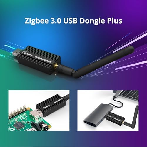 SONOFF wireless Zigbee adapter showing the USB connection port and compact design for home automation setups.
