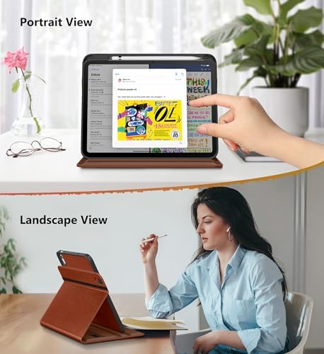 Close-up of DTTO brown tablet case showcasing the integrated Apple Pencil holder slot