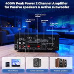 Compact home audio stereo receiver with independent bass and treble adjustment dials