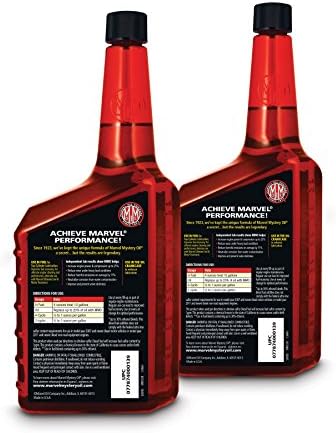 Marvel Mystery Oil engine oil and fuel treatment dual pack packaging highlighting performance benefits