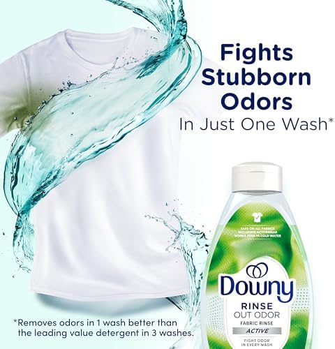 Downy 48 fluid ounce laundry rinse for activewear odor elimination.