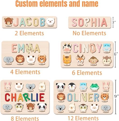 Personalized wooden name board with integrated cartoon lion and zebra shapes for early color recognition training.