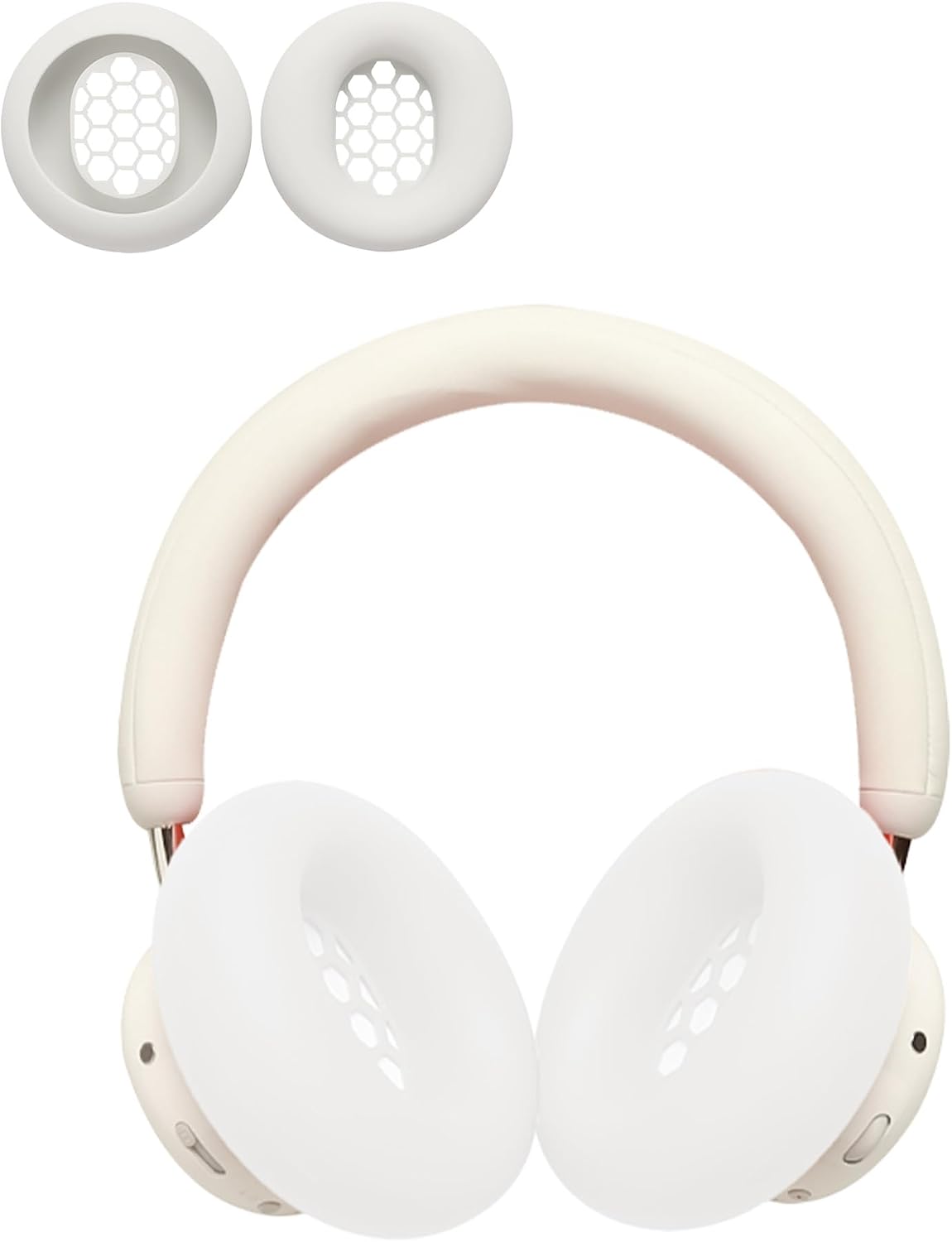 Pair of orange silicone earpad covers laid out flat