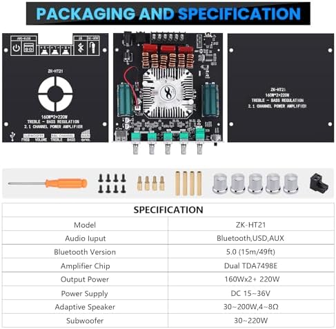 ZK-HT21 digital power board showing terminal connection layout for passive subwoofers