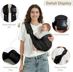BAMBORA infant hip seat sling showing the double safety buckle mechanism up close.